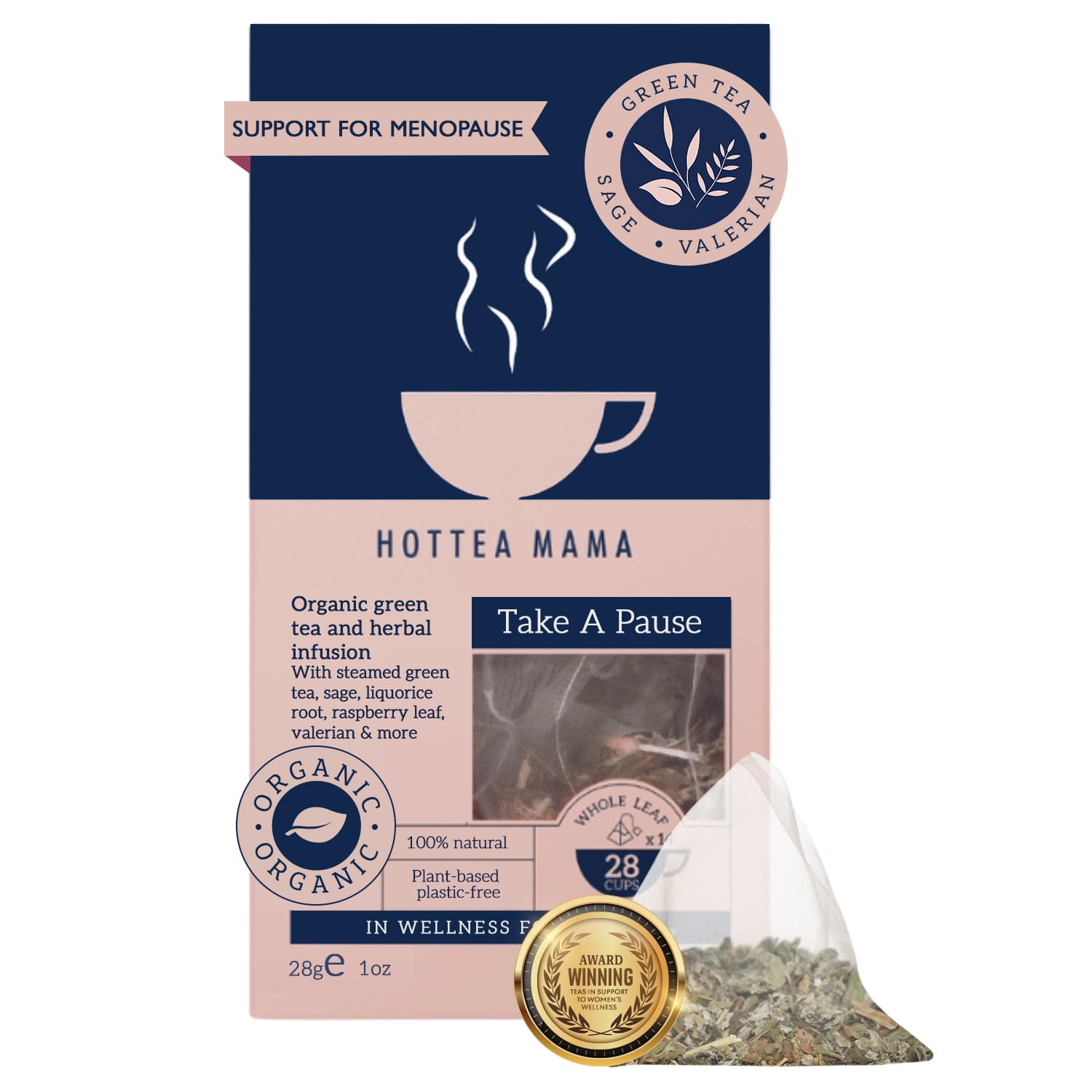 HOTTEA MAMA | Take A Pause | Menopause Support Tea | Green Tea, Ginseng, Sage, Valerian, Raspberry Leaf | 14 Whole Leaf Biodegradable Bags (28 Cups)