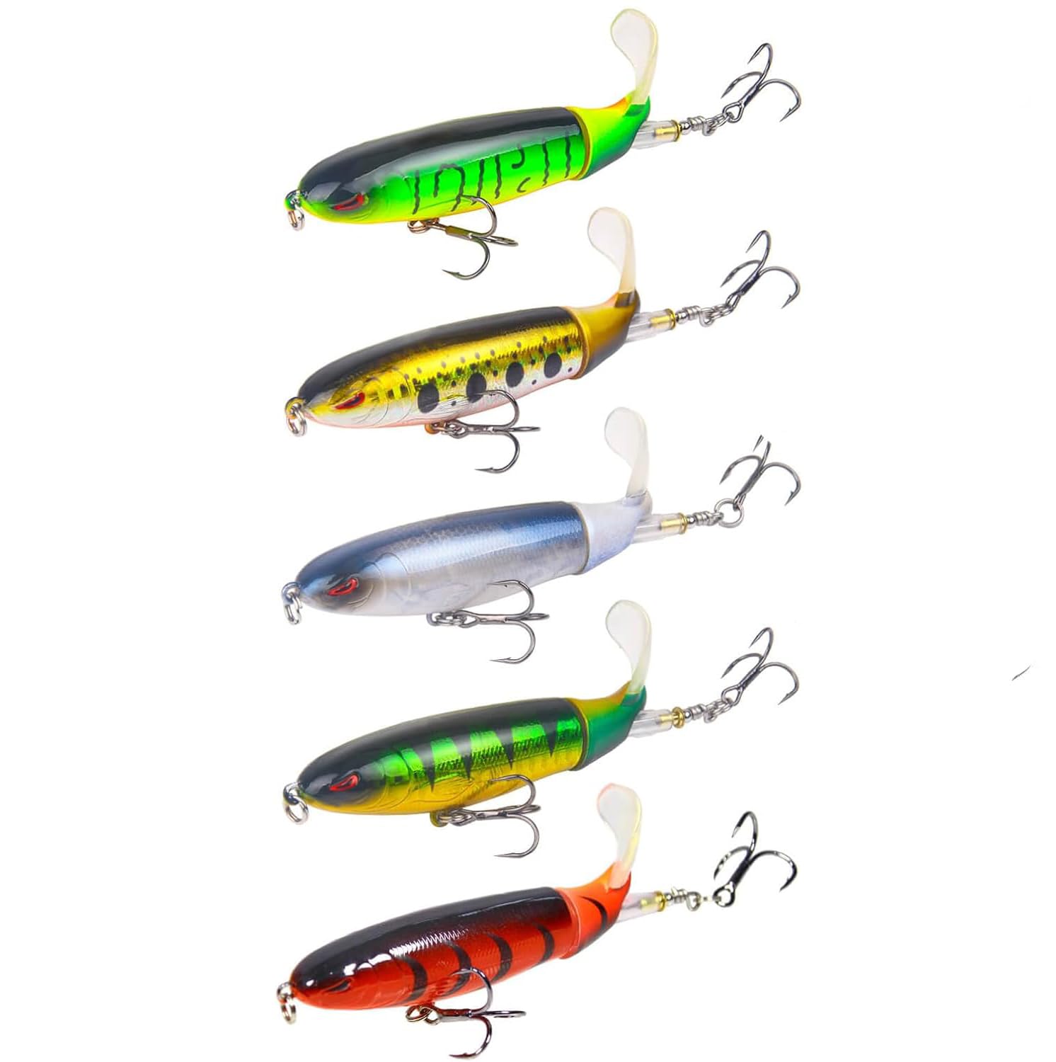 Popper Top Water Fishing Lure: 10pcs Whopper Fishing Lures with Floating Rotating Tail Barb Treble Hooks Saltwater Freshwater for Bass (5pcs 1)