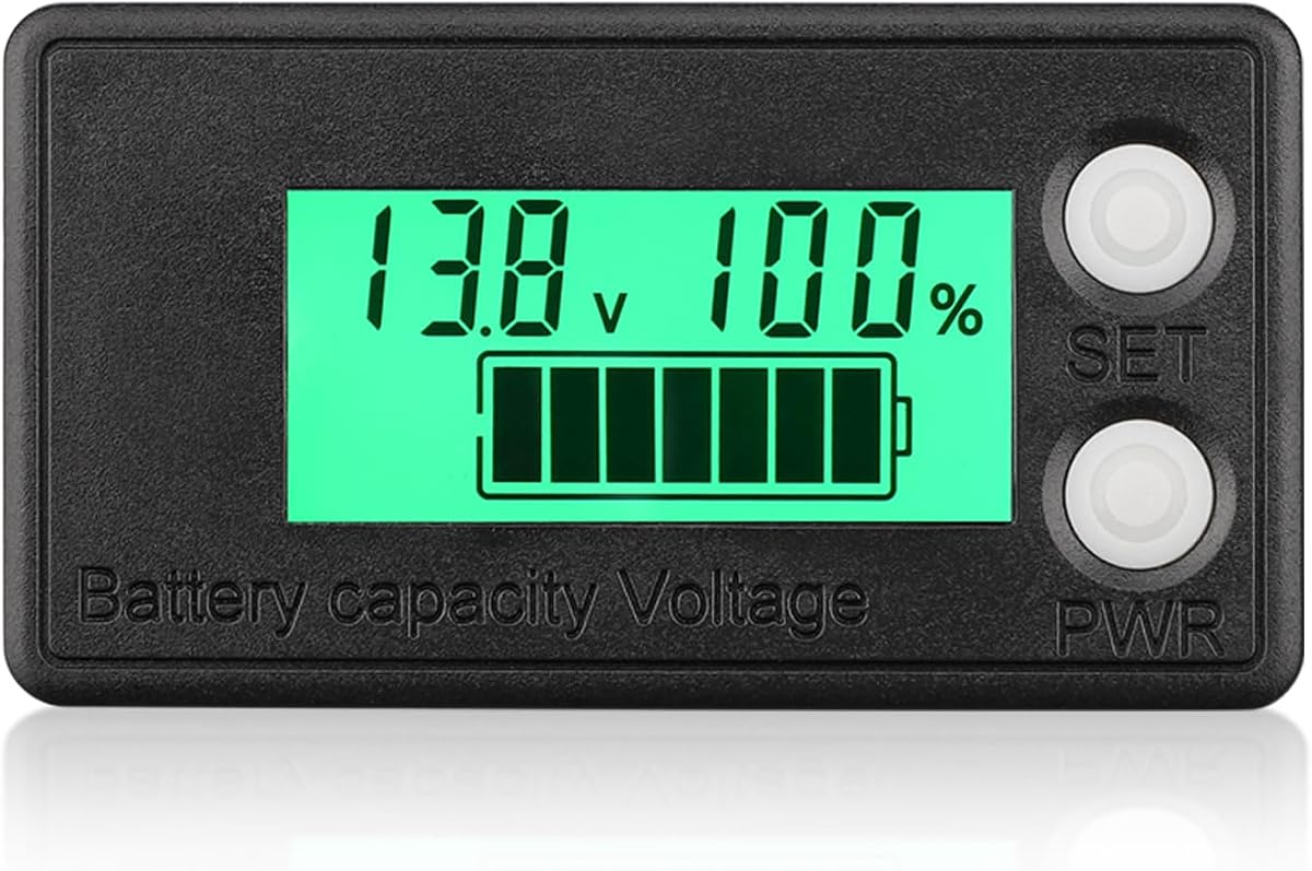 DROK Waterproof Battery Monitor 12V 24V 36V 48V 72V Battery Meter 8-100V, Capacity Tester LCD Display with Green Backlight, Fit for Car Golf Cart RV Marine