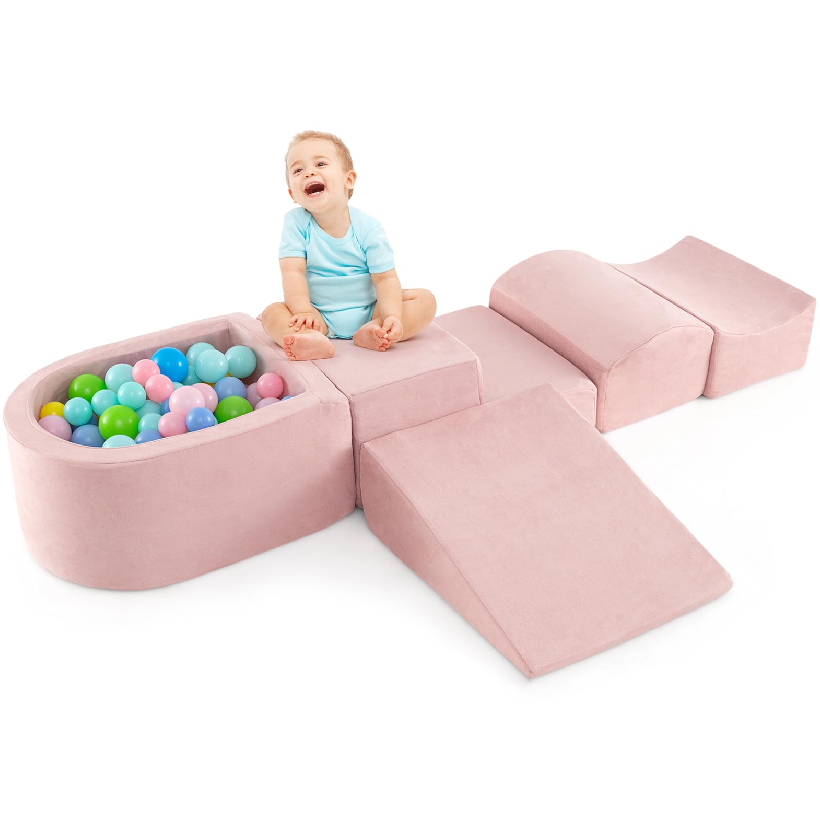 Maxmass 5Pcs Toddler Climb and Crawl Foam Play Set, Baby Soft Foam Blocks with Ball Pit, Kids Soft Play Equipment for Playroom Nursery (Pink) — image 1