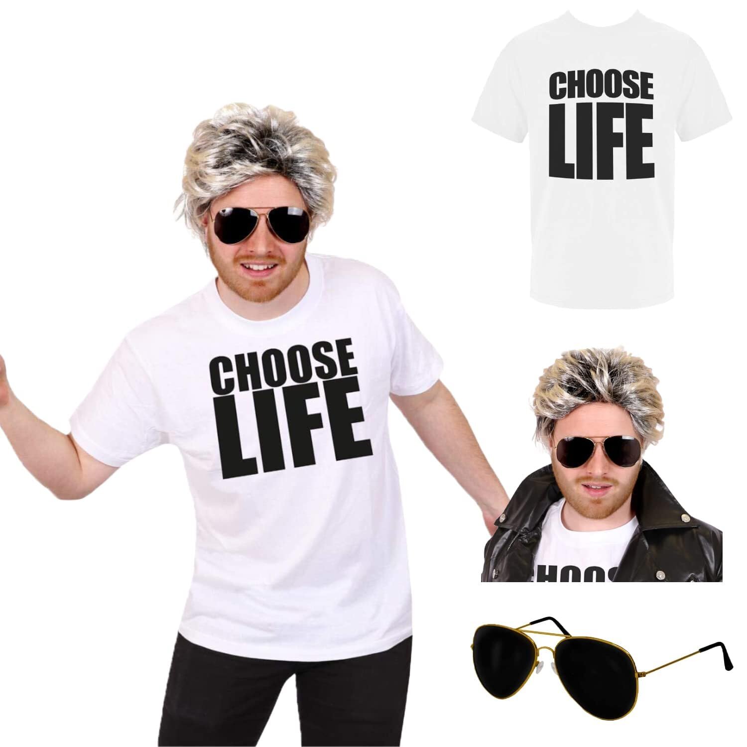 I LOVE FANCY DRESS Adults 80s Pop Singer Costume - X-large - 1980s Slogan 'choose Life' T-shirt, Sunglasses and Blonde Wig - Pop Singer Shirt Eighties Throwback Party Costume