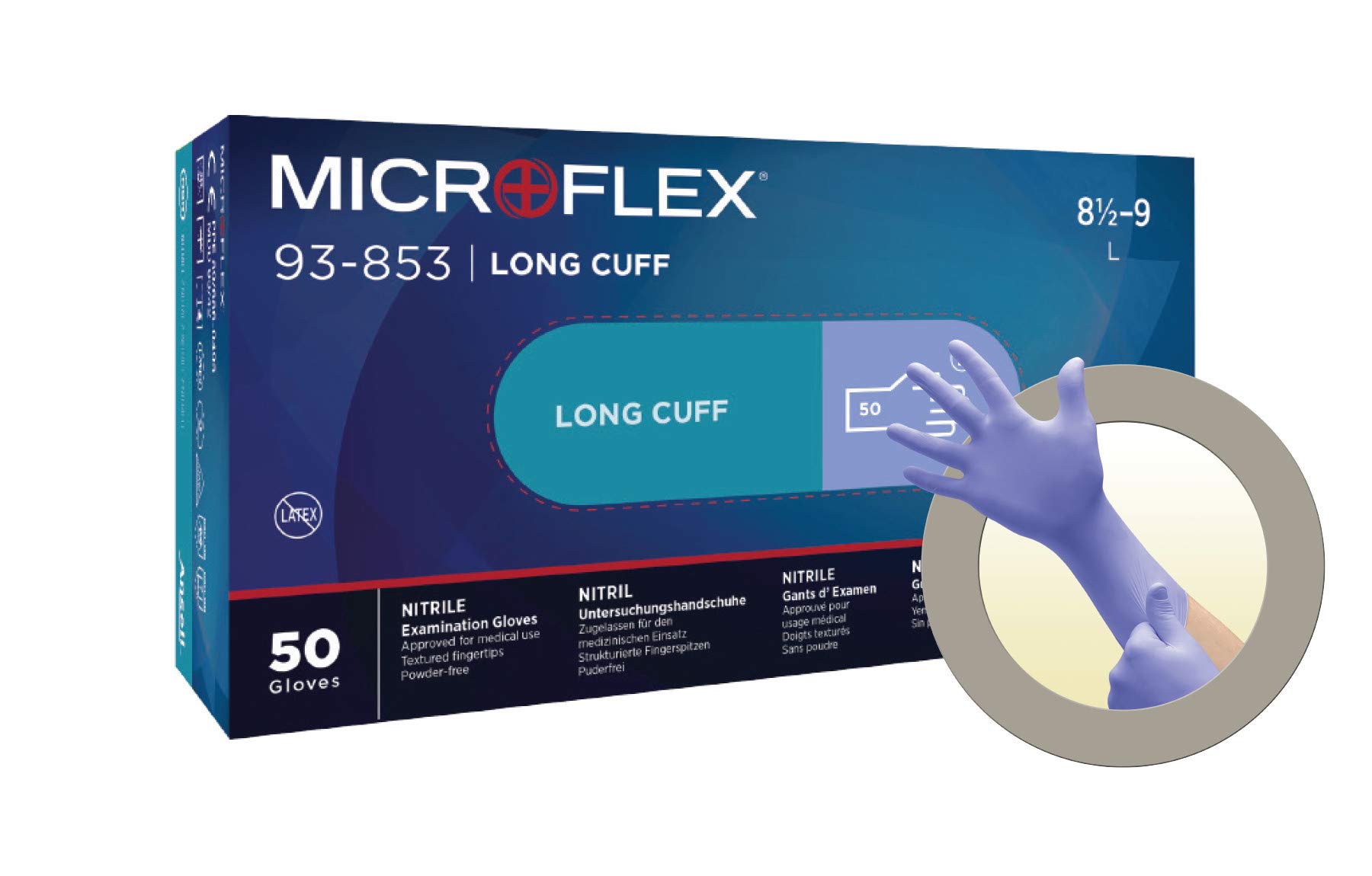 Ansell MicroFlex 93-853 Dostępne rękawiczki nitrylowe, rękawice jednokierunkowe o wysokiej jakości, przemysłowe ochronę chemiczną i mechaniczną, drobna i trwała konstrukcja, niebieski,M (50 szt.)