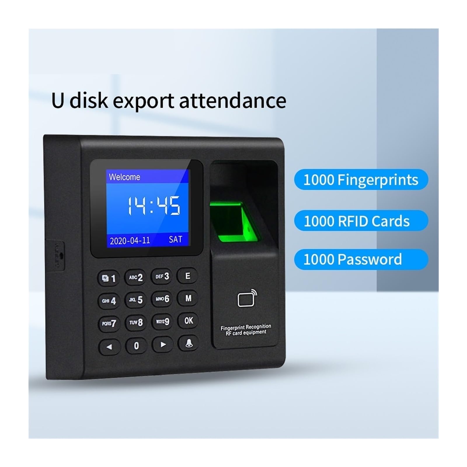 Orologio marcatempo, di controllo accessi RFID con scanner biometrico for impronte digitali, 1000 utenti, registratore presenze USB for ufficio fabbrica