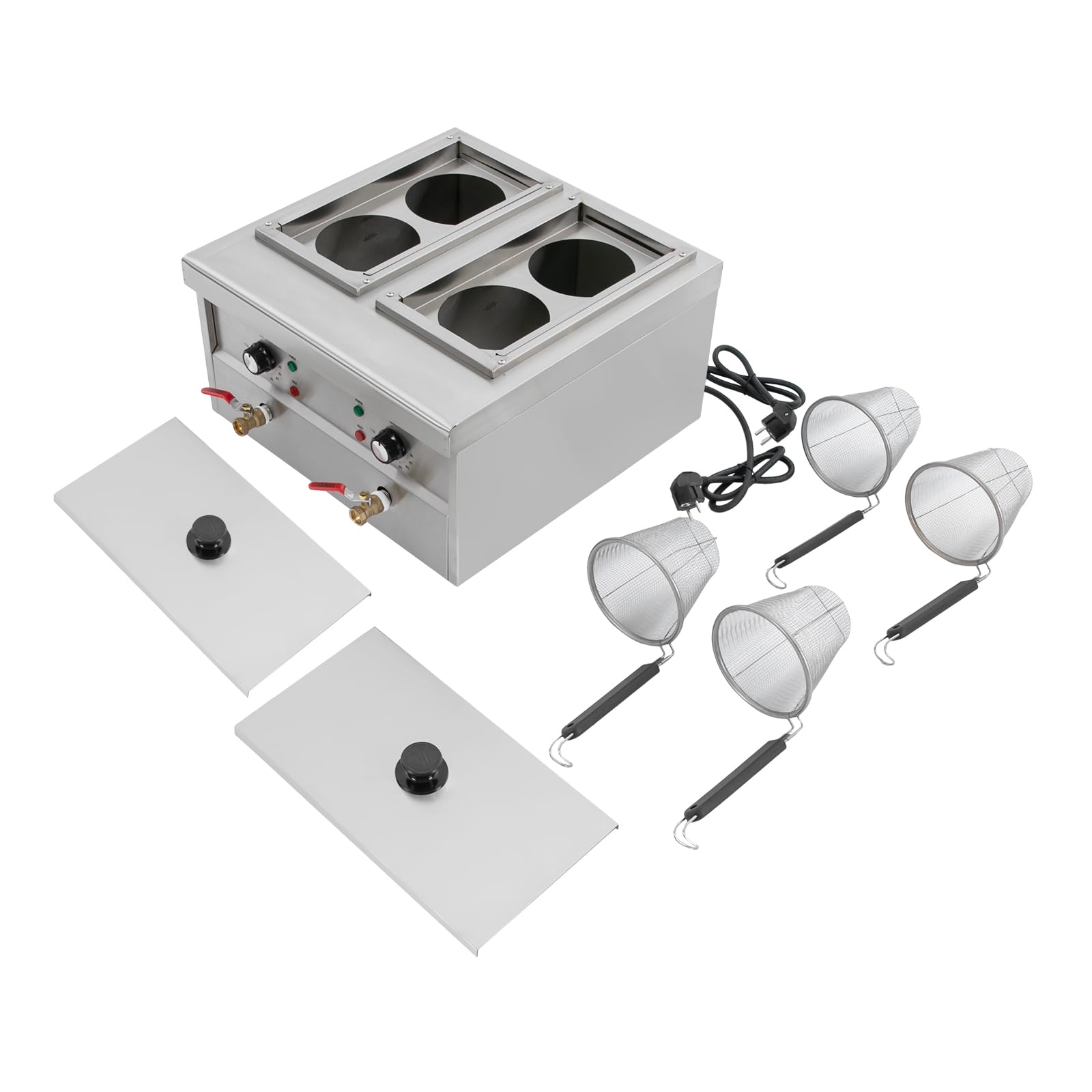 Fornello per pasta elettrica, 2 x 2 KW, comoda macchina per pasta con 4 cestelli, 220 V, design a 4 fori, capacità nominale 2 x 9 l, temperatura regolabile 30 – 110 °C