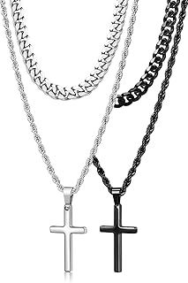 Romass 4Pcs Cross Necklace for Men,Stainless Steel Chains for Men Layered Necklaces Silver Gold