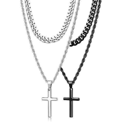 Romass 4Pcs Cross Necklace for Men,Stainless Steel Chains for Men Layered Necklaces Silver Gold Black Pendant Jewelry Box Gifts 18-24 Inches