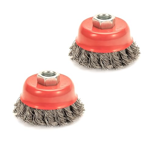 Vista 10 de Paquete de 2 cepillos de rueda de alambre anudado de 4 pulgadas para amoladora angular con eje roscado de 5/8 pulgadas - 11 - alambre de acero al