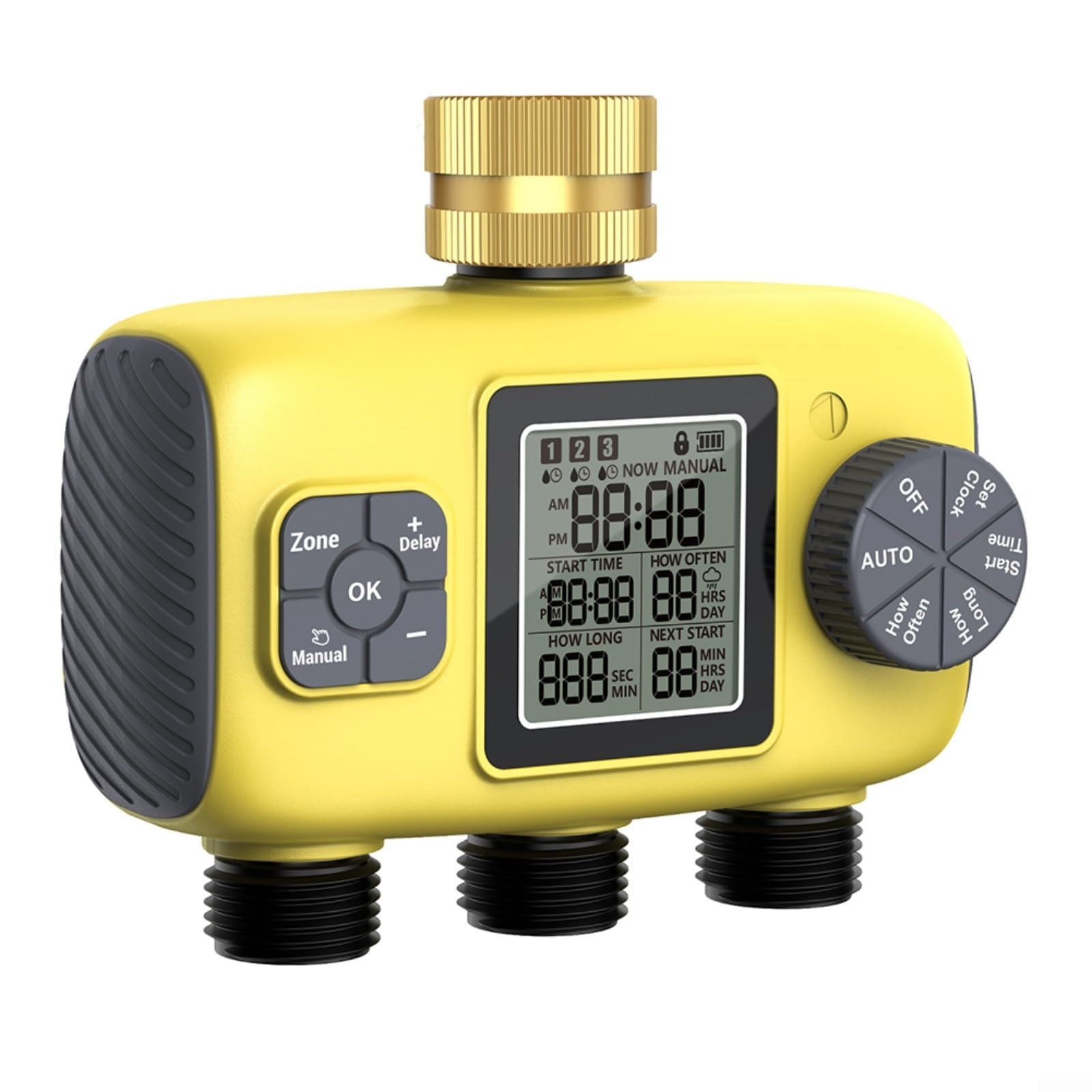 Timer per irrigazione a 3 uscite con ingresso in ottone, sistema di irrigazione automatico per giardino, 3 per programmi ZONE, blocco bambini, giallo
