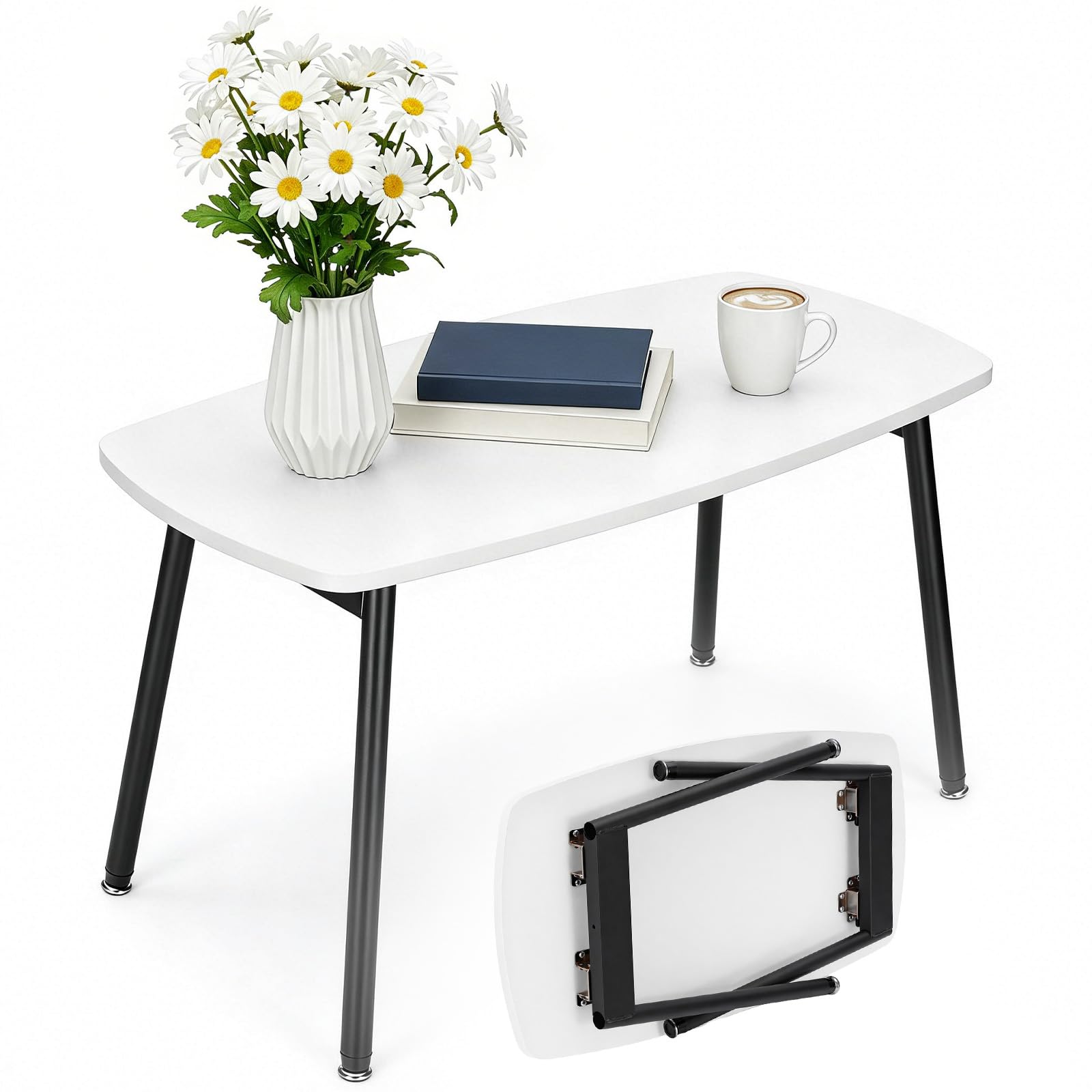 EVERGOODS Folding Coffee Table 80 x 45 x 40 cm, Rustic Wood Foldable Coffee Table, Portable Mid-Century Modern Center Table for Living Room, Small Spaces, Easy Assembly (White, 1 PCS)