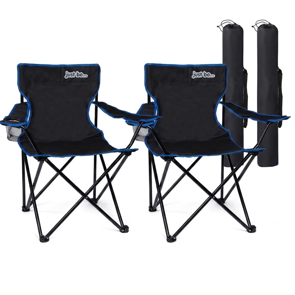 just be... Camping Chair (2 Pack) – Lightweight, Foldable & Portable Outdoor Seat with Armrests, Cup Holder & Carry Bag | For Adults & Kids | Garden, Beach, Festival & Fishing – Black/Blue Trim