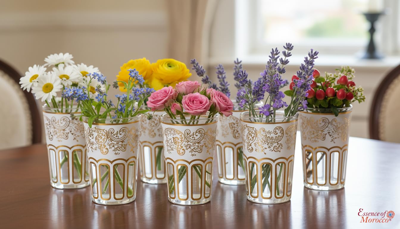 Juego de 6 vasos de té blanco marroquí, pintados y decorados a mano, con un bonito diseño marroquí clásico