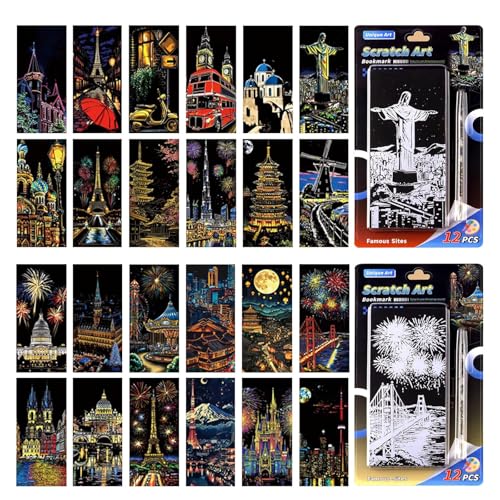 Yuqilin 24 Piezas Scratch Paper Rainbow Painting + 2 Piezas Bolígrafo Especializado Scratch Art Manualidades Adultos Kit Manualidades Niños para Cuadernos Tarjetas Felicitación Regalos Navidad (B)