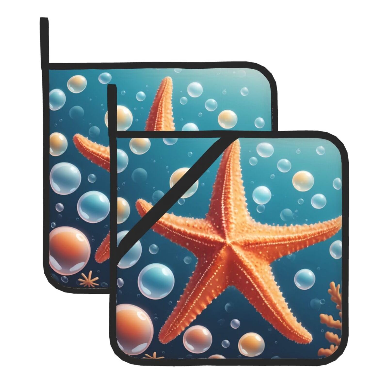 HJFCZH Starfish in Bubbles Printed Square Insulated Pot Mat Set (2-Piece) 8x8in Waterproof, Thickened & Easy to Clean with Lanyard Design for Kitchen, Oven & BBQ