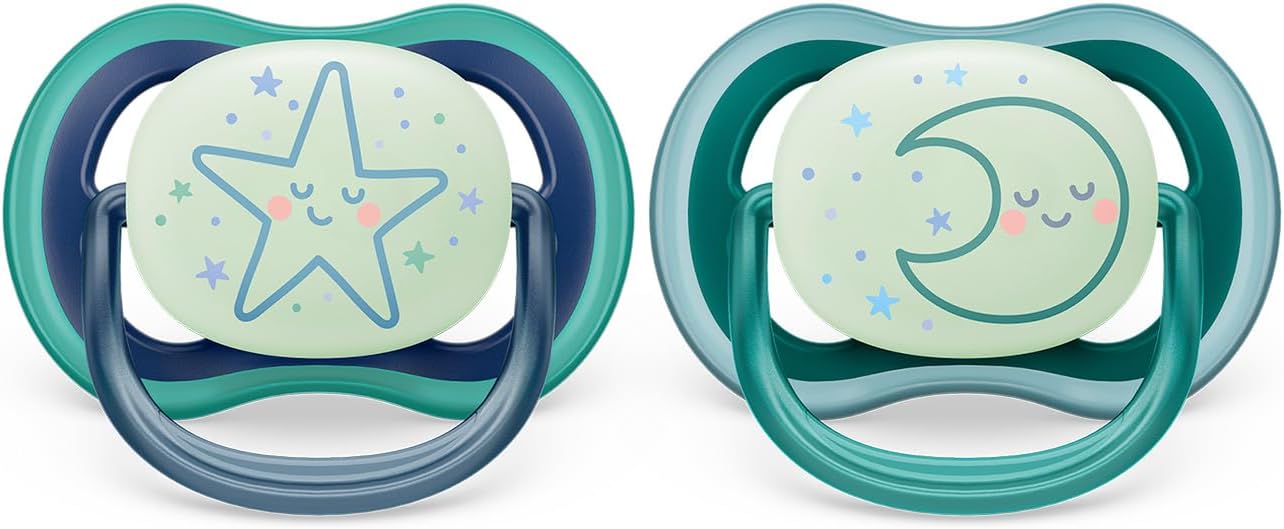 Philips Avent Ultra Air Soother - 2 x Light, Breathable Glow-in-The-Dark Baby Soothers for Babies Aged 6-18 Months, BPA-Free with Steriliser Carry Case (Model SCF376/13)