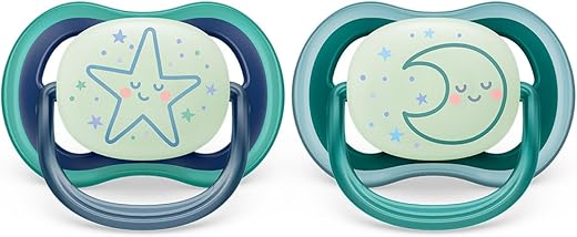 Philips Avent Ultra Air Soother: 2 chupetes ligeros y transpirables que brillan en la oscuridad para bebés de 6 a 18 meses, sin BPA y con funda de transporte esterilizadora (modelo SCF376/13)