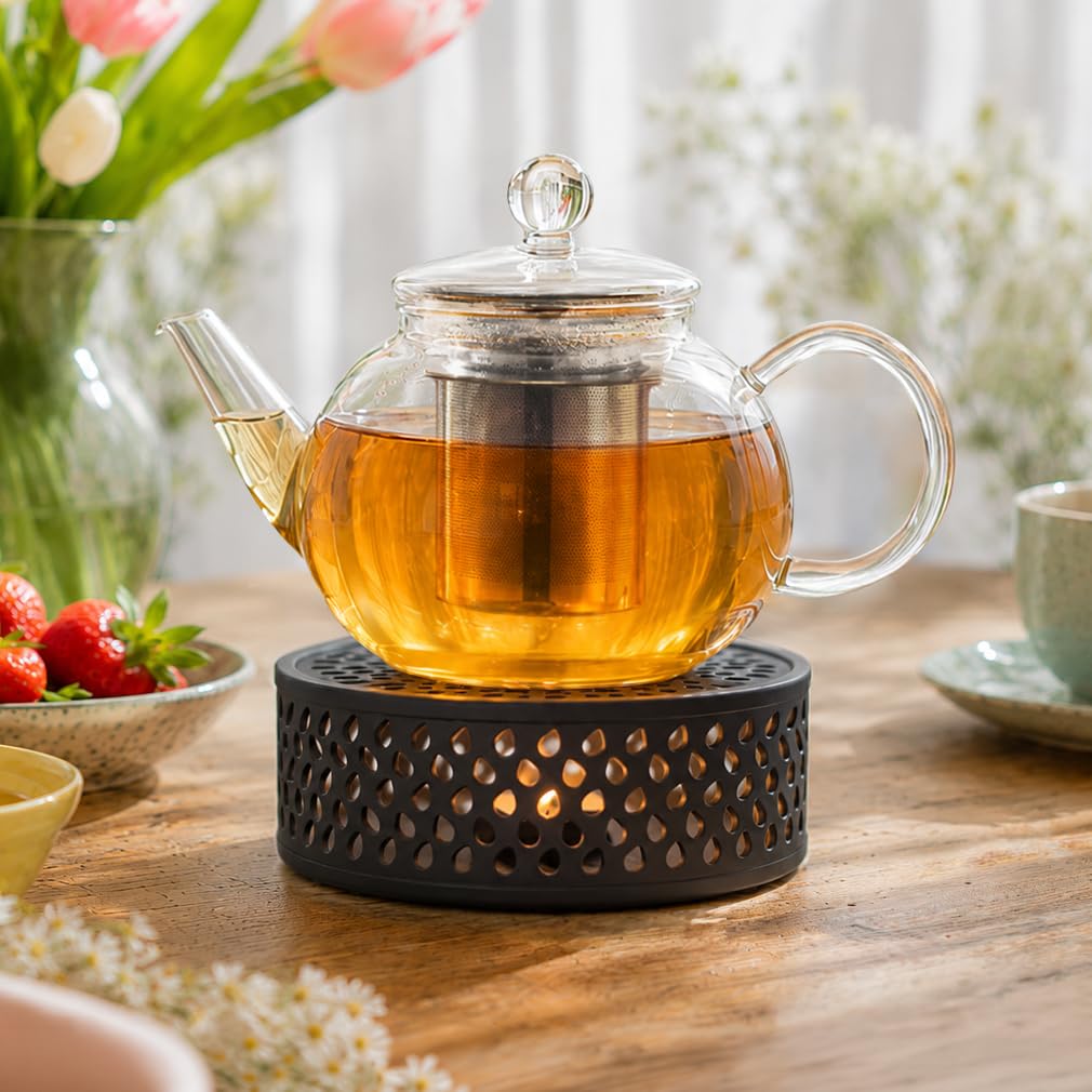 Creano Tetera de Vidrio „Plana“ 1,6L con Filtro de Acero Inoxidable y Calentador „Leaf“ Negro – Elegancia Moderna Antigoteo