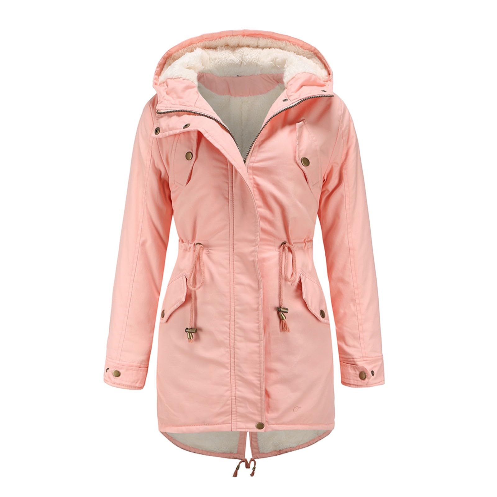 Generico Cappotto Doppiopetto Donna 𝐂orto Cappotto da Donna in Cotone Spesso Multitasche a Maniche Lunghe con Cappuccio in Tinta Unita in Pile Tinta Unita Piumino Elegante Donna