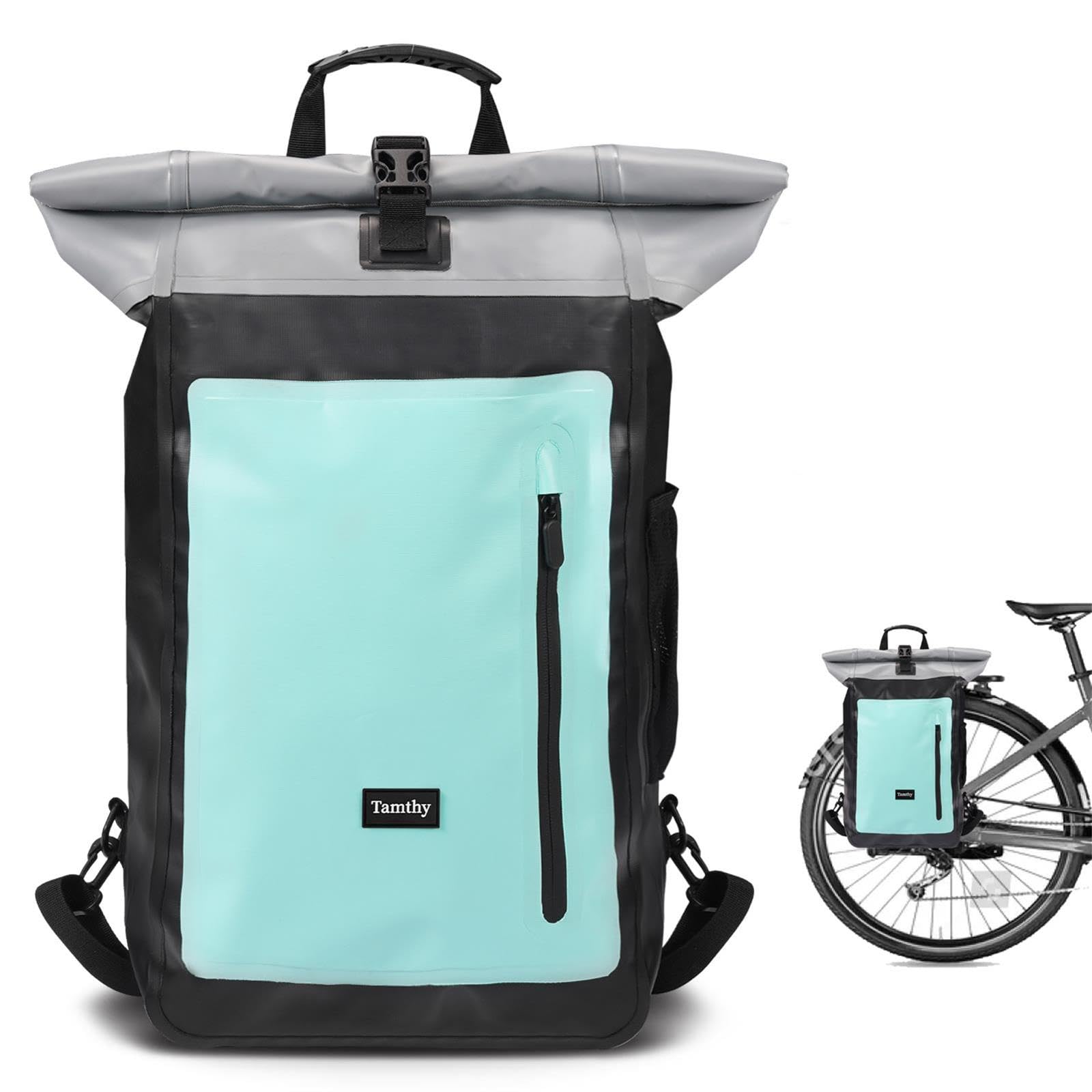 Sacoche Velo Porte Bagage Arriere 100% Imperméable avec Compartiment pour Ordinateur Portable 2 en 1 Sac à Dos & Sacoche Vélo Arriere pour Vélo, Déplacements Quotidiens, Voyages (Menthe, 28L)
