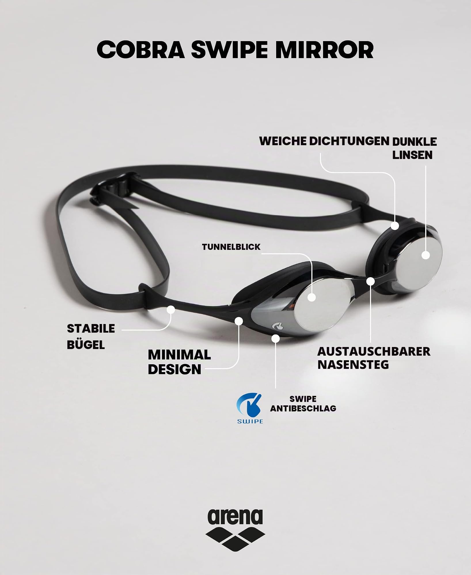 arena Cobra Original Swipe Mirror Unisex-Wettkampfbrille für Erwachsene, Schwimmbrille mit Verspiegelten Gläsern, Anti-Beschlag, UV-Schutz, 4 Austauschbare Nasenstege