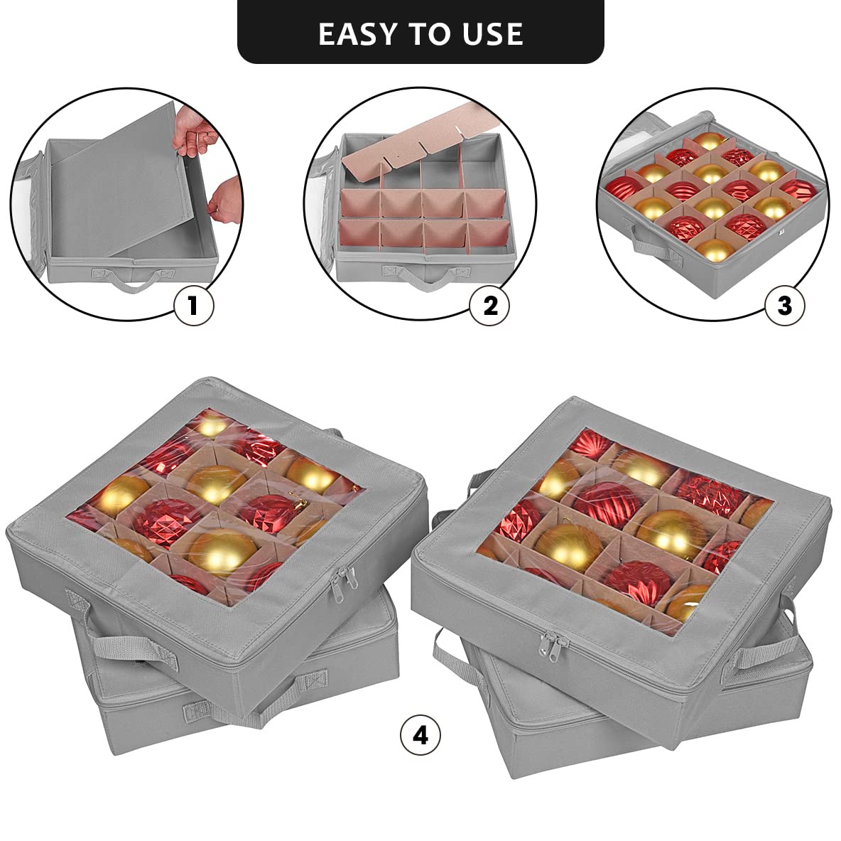 ProPik Aufbewahrungsboxen für Weihnachtsdekoration mit Trennwänden, transparenter Oberseite, hält 64 Weihnachtsdekorationen, langlebige Ornament-Organizer-Aufbewahrungsbox (grau)