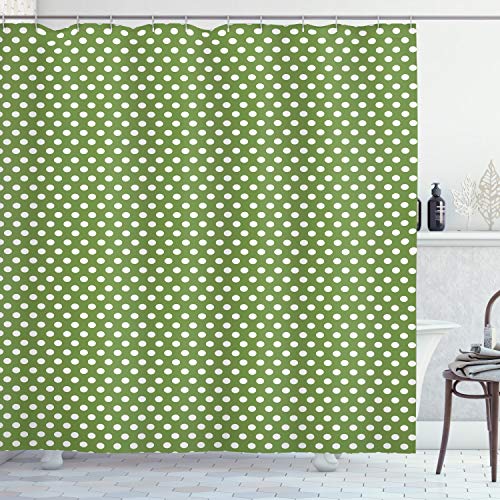 ABAKUHAUS Verde Cortina de Baño, Blanca Simple de los Lunares, Material Resistente al Agua Durable Estampa Digital, 175 x 240 cm, Verde Verde Oliva y Negro
