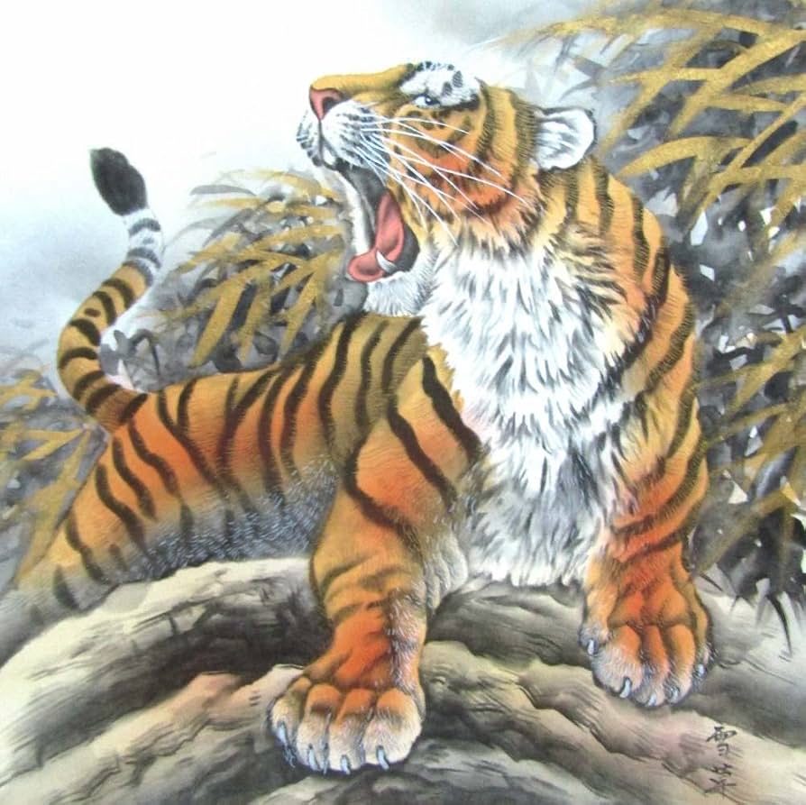 Amazon.co.jp: 井上雪草 朱映龍虎之図 尺五立 日本画 掛け軸