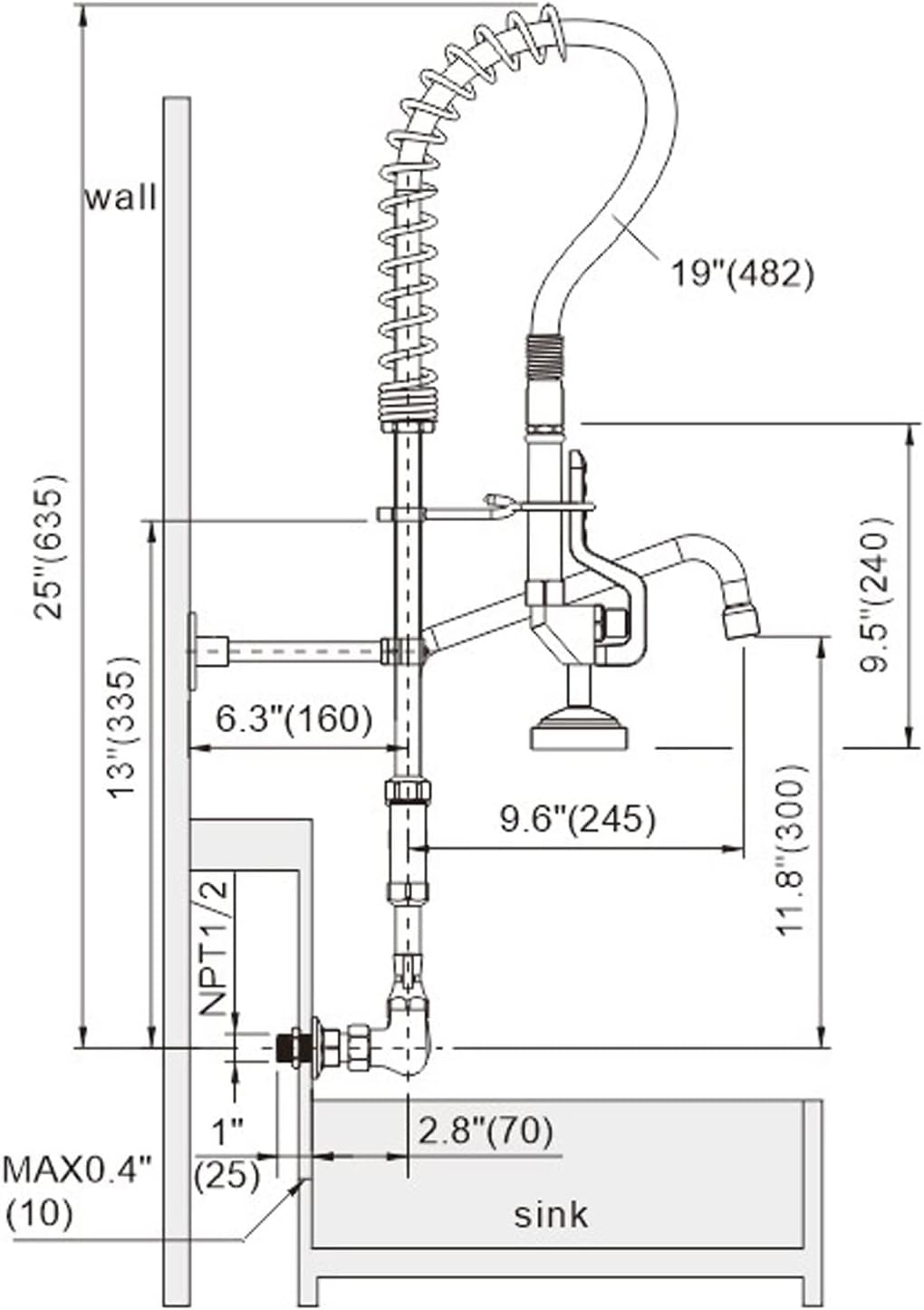 iVIGA Commercial Kitchen Faucet Wall Mount with Pre-Rinse Sprayer 8 Inch Center Wall Mount Kitchen Sink Faucet with 9.6" Add-on Swing Spout 25" Height Faucet with Pull Down Spray - Image 6