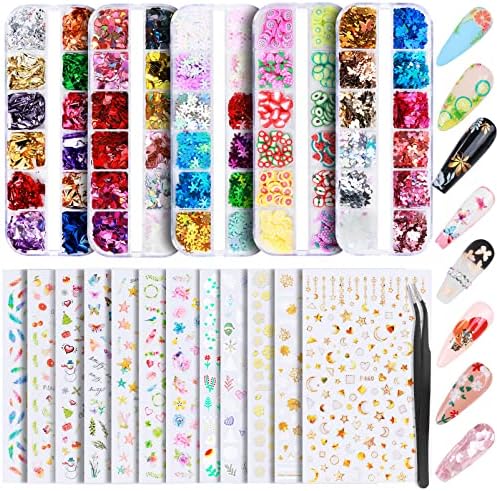 Nail Stickers, Teenitor 12 Sheets Nail Art Stickers 3D Self-Adhesive and 5 Boxes Butterfly Nail Sequins Heart Glitter Foil Flakes Nail Fruit Slices Nail Decorations for Nail Art