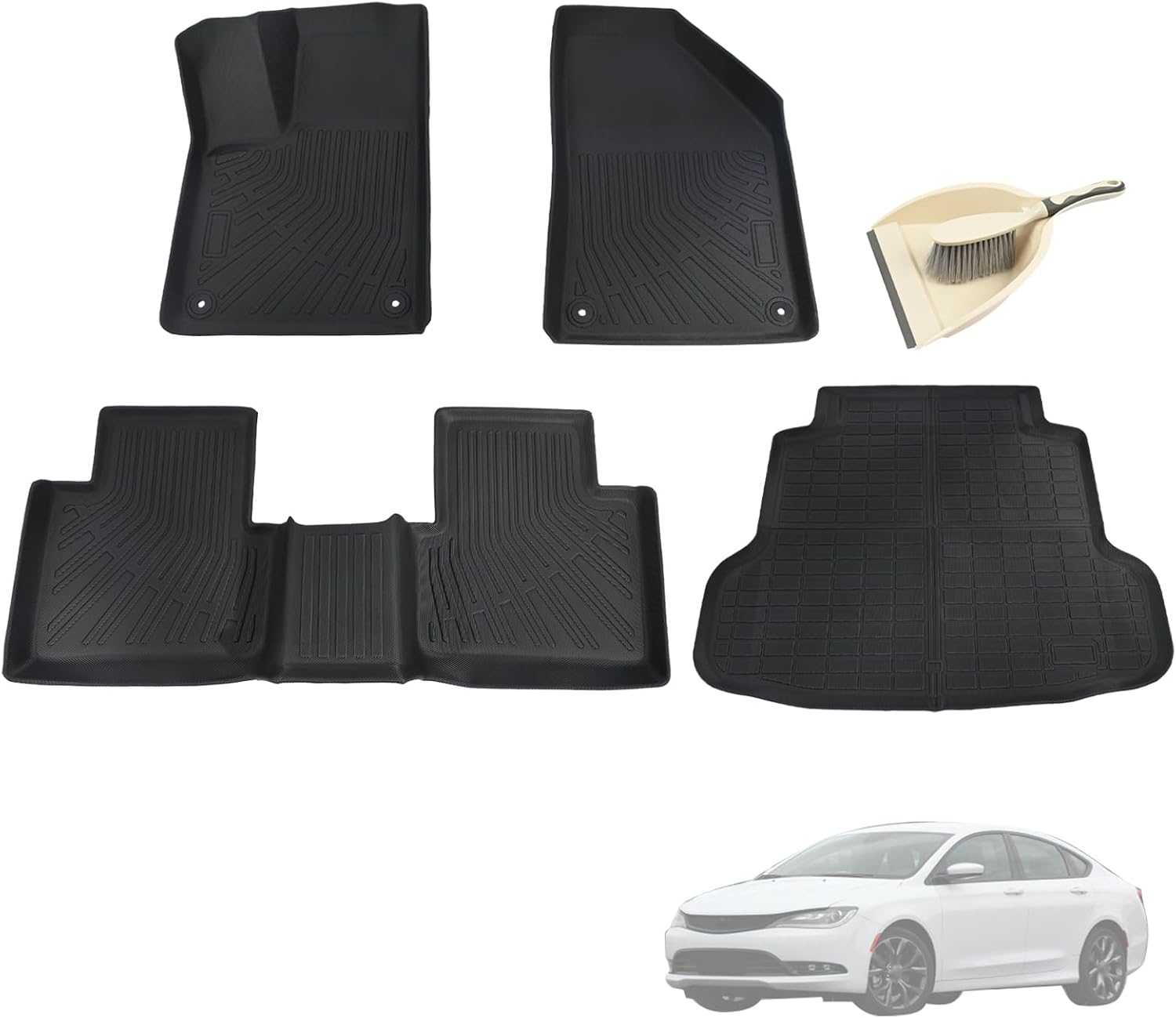 TPE Floor Mats Set for Chrysler 200 2015 2016, All-Weather Waterproof Cargo Liner with Seat Back Protector + Mini Broom & Dustpan Set, Odorless Anti-Slip Interior Accessories