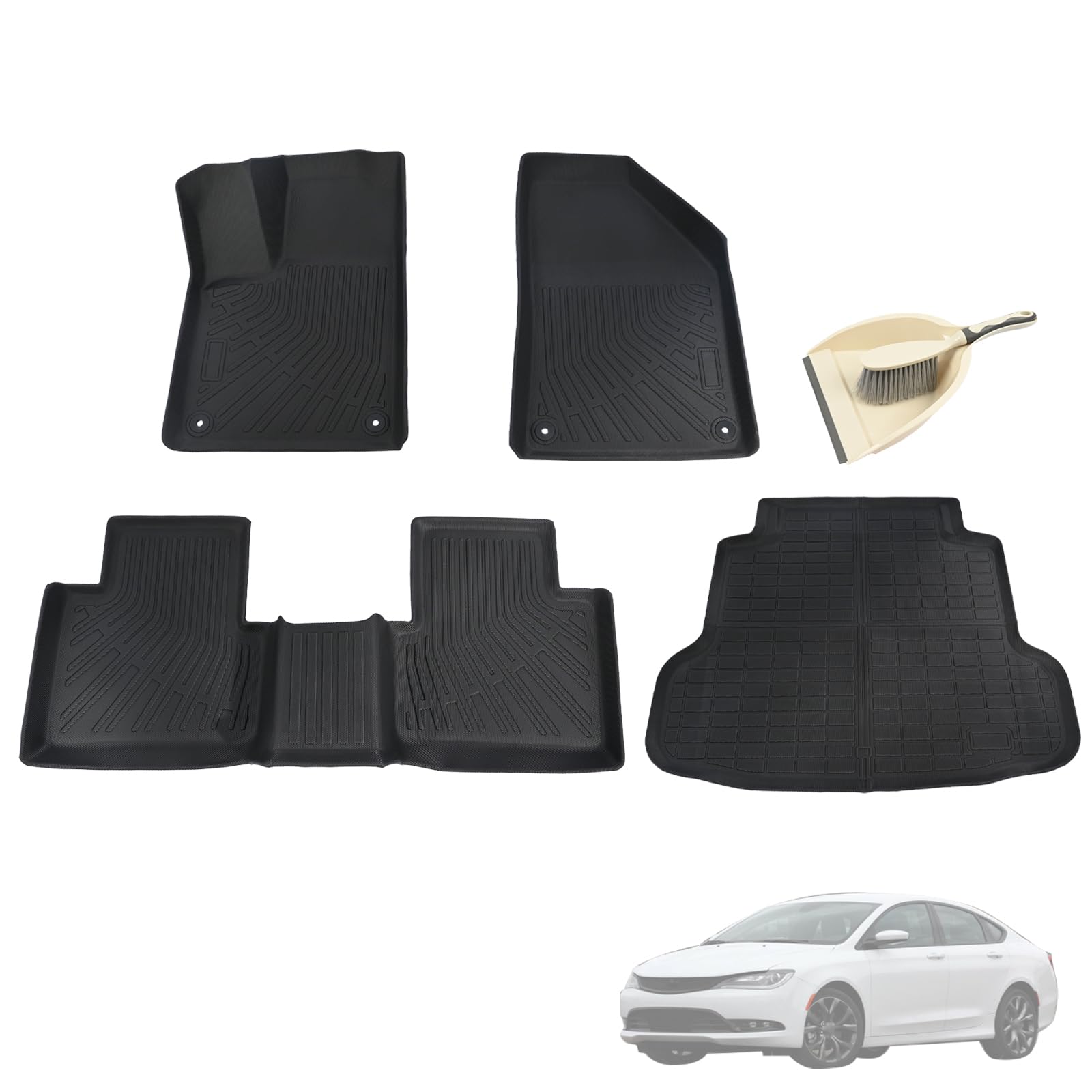 TPE Floor Mats Set for Chrysler 200 2015 2016, All-Weather Waterproof Cargo Liner with Seat Back Protector + Mini Broom & Dustpan Set, Odorless Anti-Slip Interior Accessories