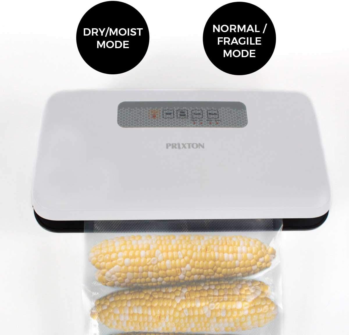 PRIXTON VS100 Vacuum Sealer with corn in a bag, highlighting Dry/Moist and Normal/Fragile modes
