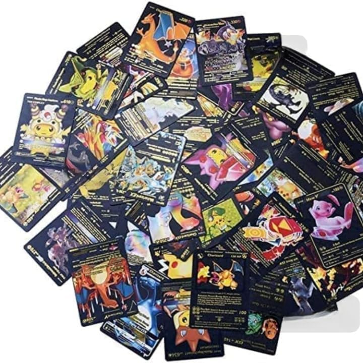 Image of Premium Black Foil Pokemon Card Game Set - 55 Rare Unofficial VMAX GX VSTAR Cards | Shiny Battle Trading Cards For Kids & Collectors | Gift Pack - Black
