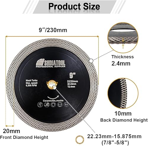 Miniatura 8 de SHDIATOOL Cuchillas de sierra de diamante para azulejos, disco cortador de porcelana para corte secohúmedo, molienda de mármol de cerámica, diámetro