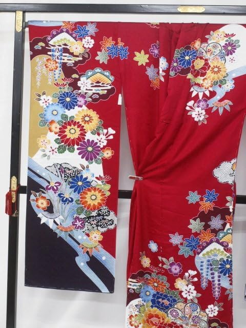 未仕立て 0515 正絹京友禅振袖 朱緋 紅型調 京友禅振袖・紫色・成人
