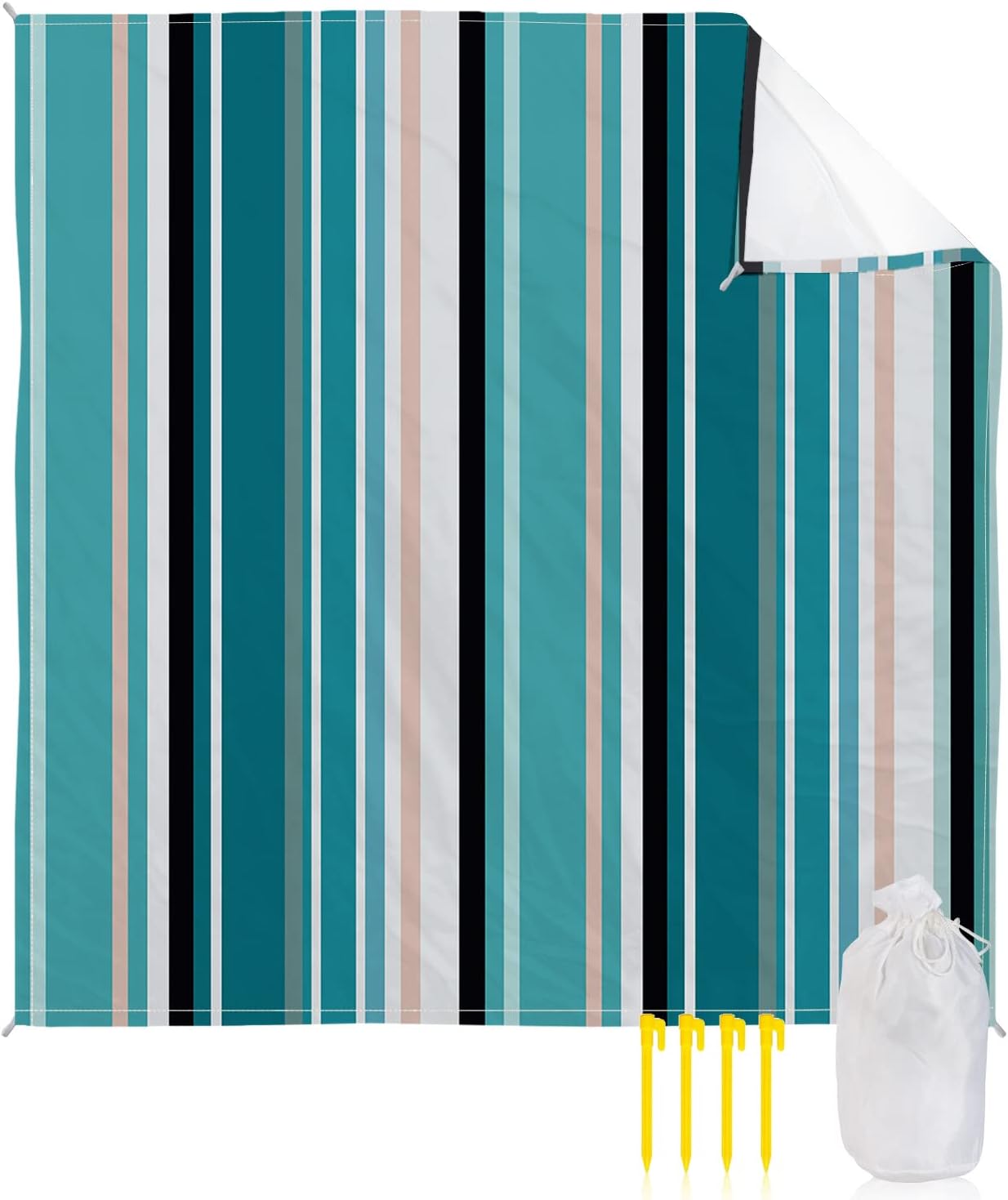 Geometric Vertical Stripes Beach Blanket Waterproof Sandproof Outdoor Picnic Mat 118"x108" Blue Teal White Abstract Art Line Lightweight Large Beaach Blankets with 4 Stake & 4 Corner Pockets