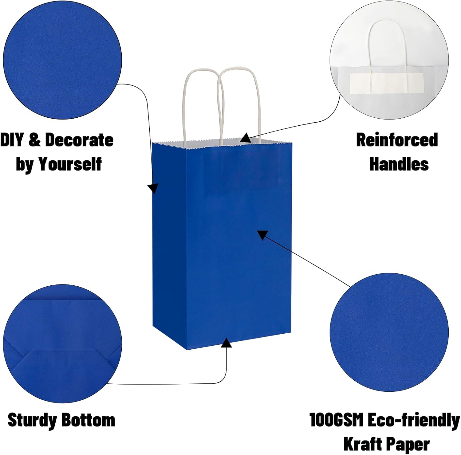 50 Pack 5.25x3.25x8.25 Inch Small Royal Blue Kraft Paper Bags with Handles Bulk, Toovip Gift Wrap Bags for Favors Grocery Retail Party Birthday Shopping Business Goody Craft Merchandise Take Out Sacks - Image 3