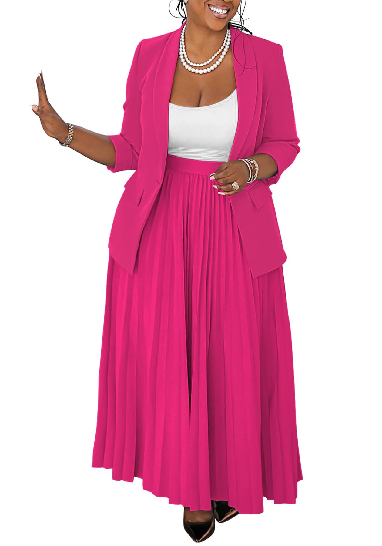Women 2 Piece Plus Size Business Skirt Suit Sets Long Sleeve Open Front Blazer and High Waist Pleated