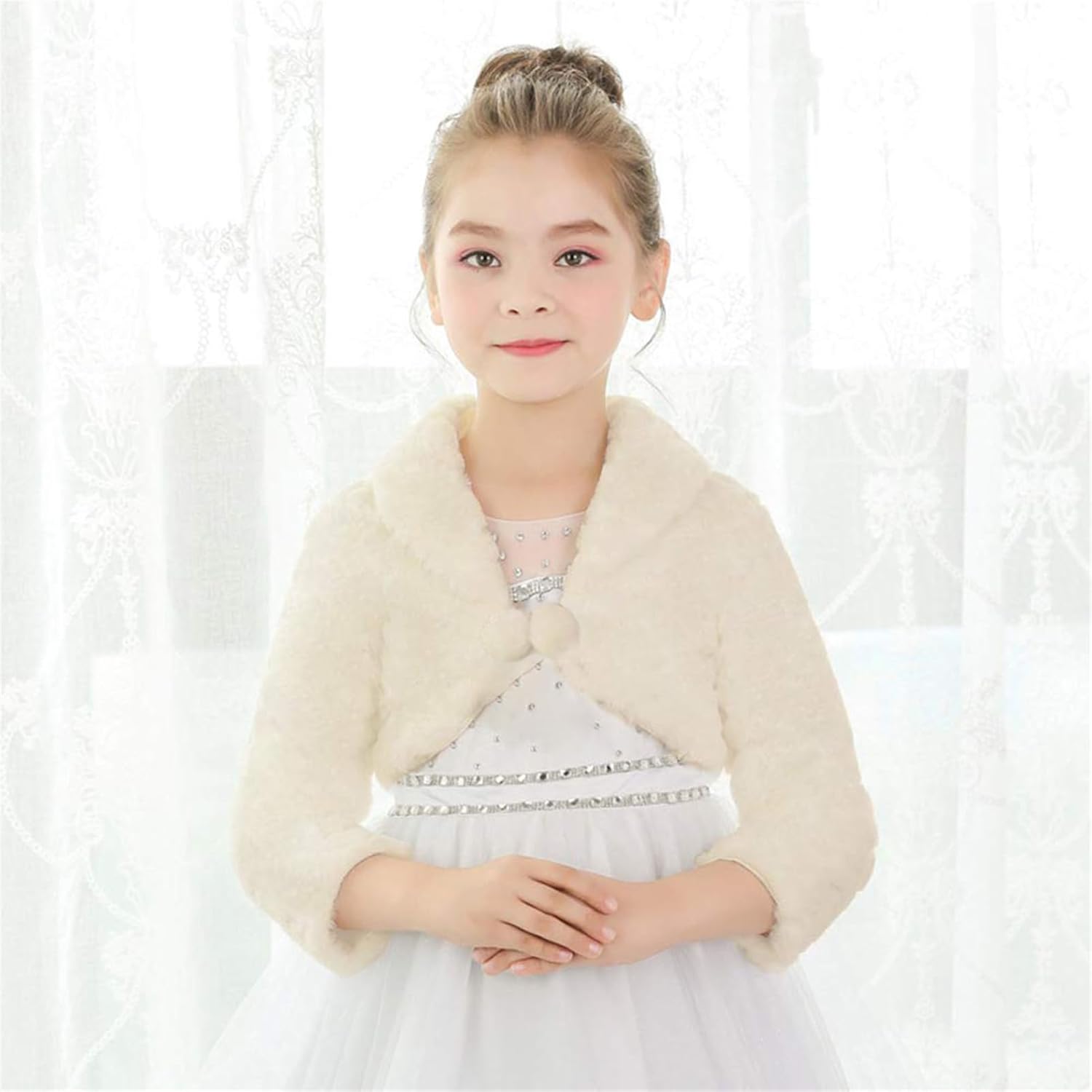 SK Studio Girls Princess Faux Fur Flower Bolero Shrug Party Wedding Dress Up - Image 3