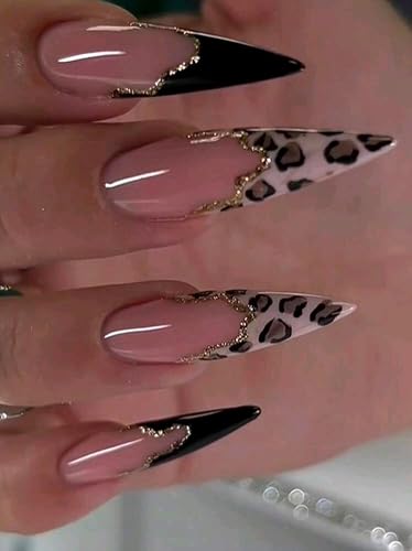 Press-On Nails, Stiletto Shape, Nude Pink with Black French Tips, Leopard Print, Gold Glitter Detail, Long