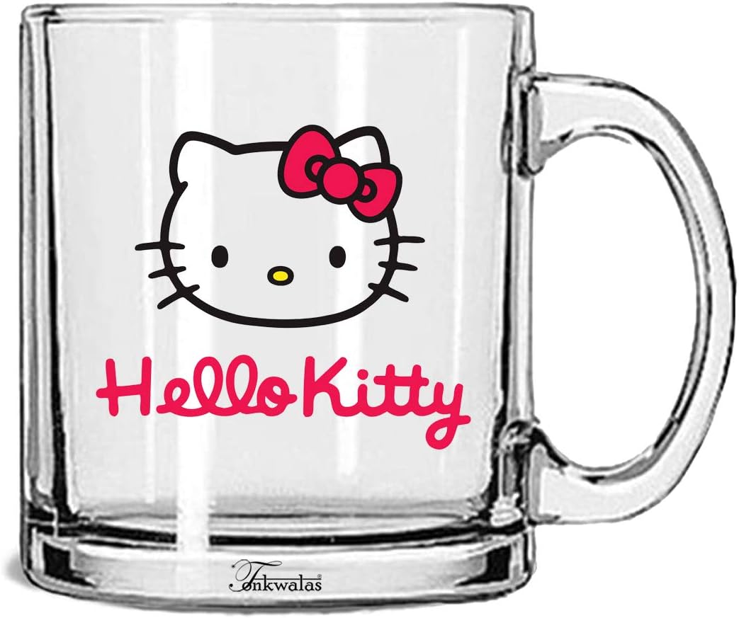 TONKWALAS Hello Kitty Animation Cartoon Printed Transparent Glass Coffee and Tea Mug Funny Gift for Kids (325 ML)