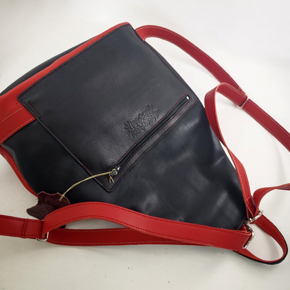 Mochila bolso antirrobo de piel Rojo/Negro, Mochila de piel auténtica en rojo y negro