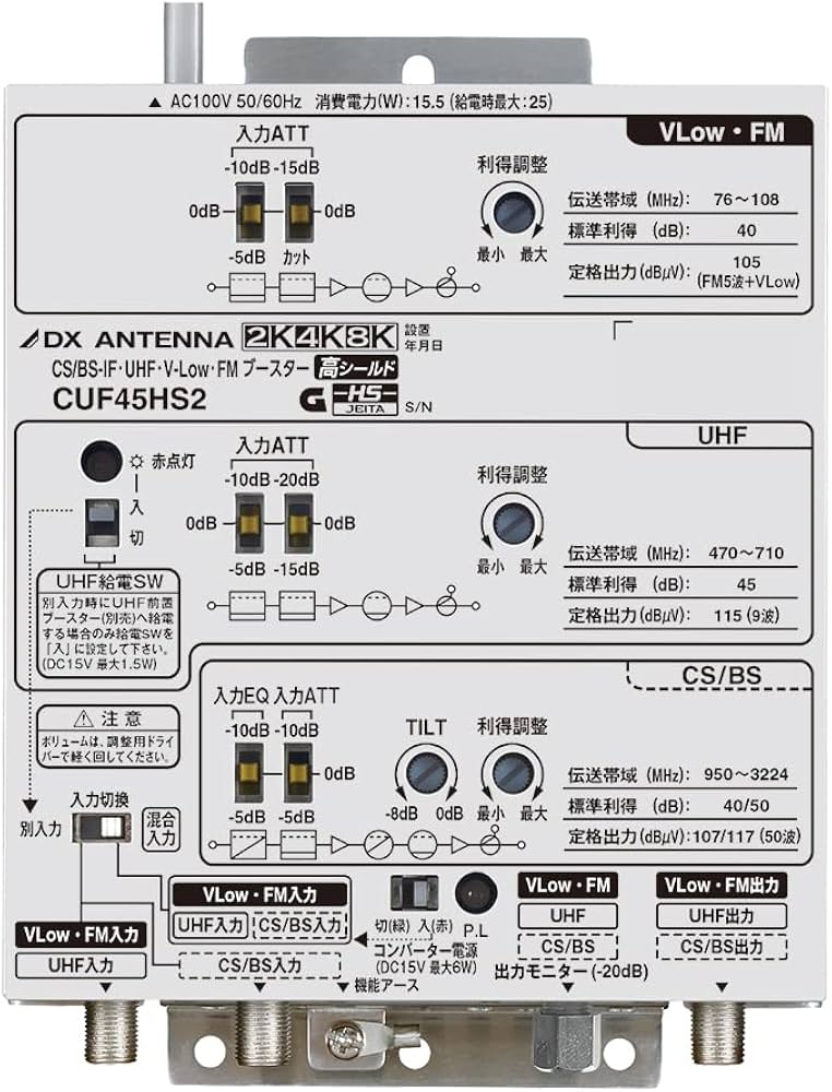 DX ANTENNA CUF45MS2 ブースター DXアンテナ CS/BS-IF・UHF・V-Low・FMブースター （45dB形