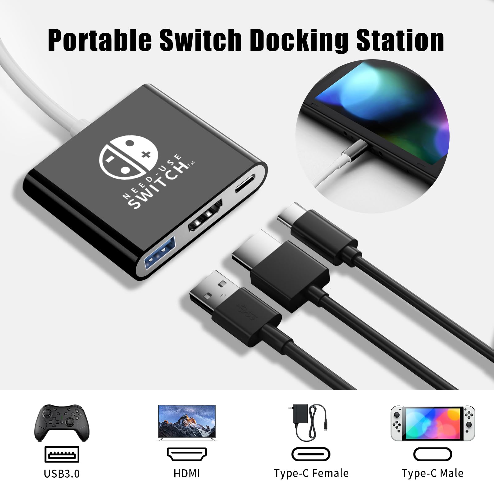 Adattatore USB C a HDMI per switch NS/OLED, Dock 3 in 1 TV Switch Adattatore con cavo HDMI 4K, ricarica 100 W tipo C, compatibile con switch NS/OLED, Steam Deck, Smartphone, PC (nero)