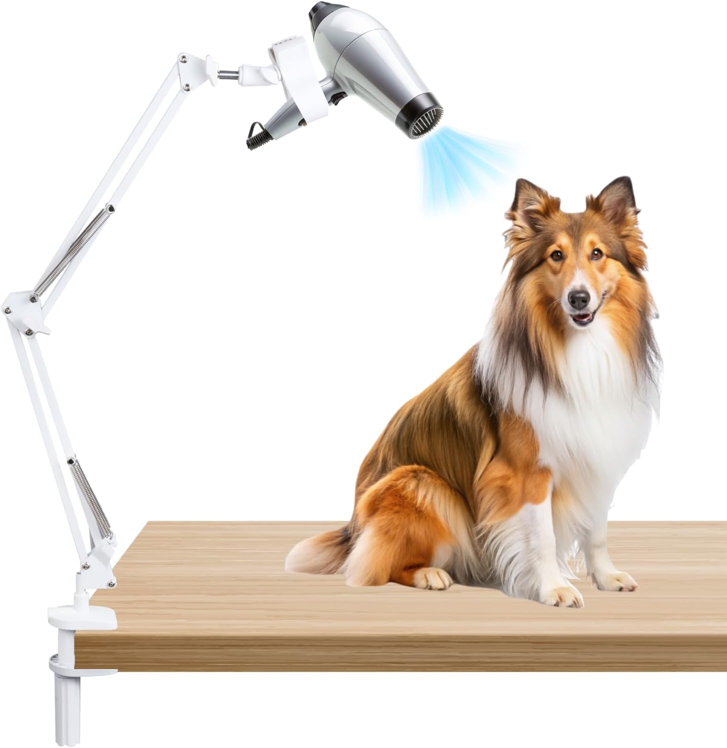 Canine Hair Dryer Holder,Blow Dryer Stand for Canine,Fingers-Free 360° Rotating Pet Grooming Desk Blow Dryer Stand with Adjustable Arm,Canine Tabletop Hair Dryer（White）