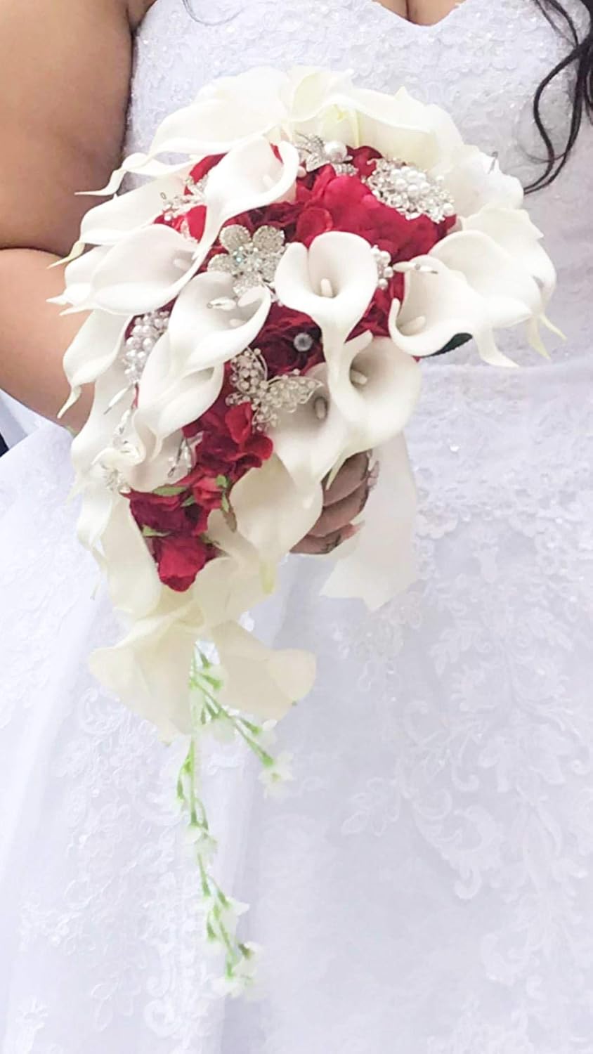 IFFO Bridal Bouquets for Wedding, Calla Lilies Simulation Rose Diamonds Pearl Bride Wedding Bouquet, Romantic Wedding Party Decoration Confession (red)