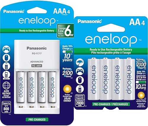 Panasonic K-KJ17M3A4BA Paquete de cargador avanzado de batería individual y baterías recargables precargadas BK-3MCCA4BA Eneloop AA 2100 de ciclo