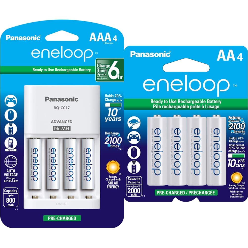 Panasonic K-KJ17M3A4BA Advanced Individual Cell Battery Charger Pack & BK-3MCCA4BA eneloop AA 2100 Cycle Ni-MH Pre-Charged Rechargeable Batteries, 4 Pack