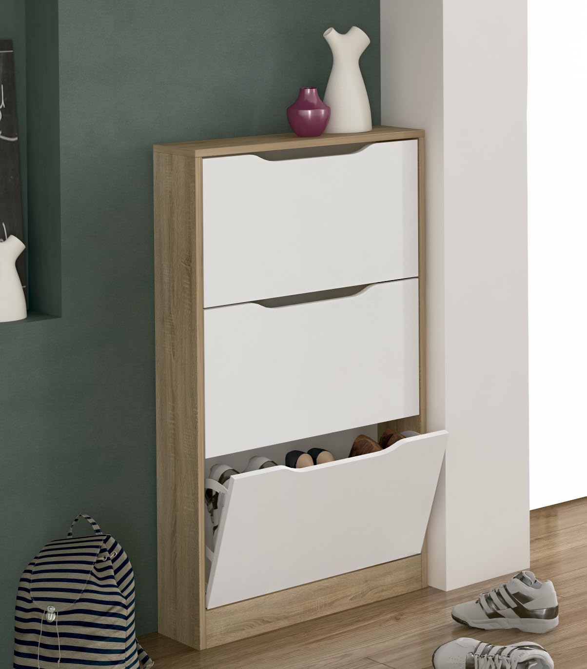 M1C - Zapatero recibidor Champion, Mueble Auxiliar de Entrada con Tres Puertas abatibles, Estructura Color Cambria y Puertas en Blanco