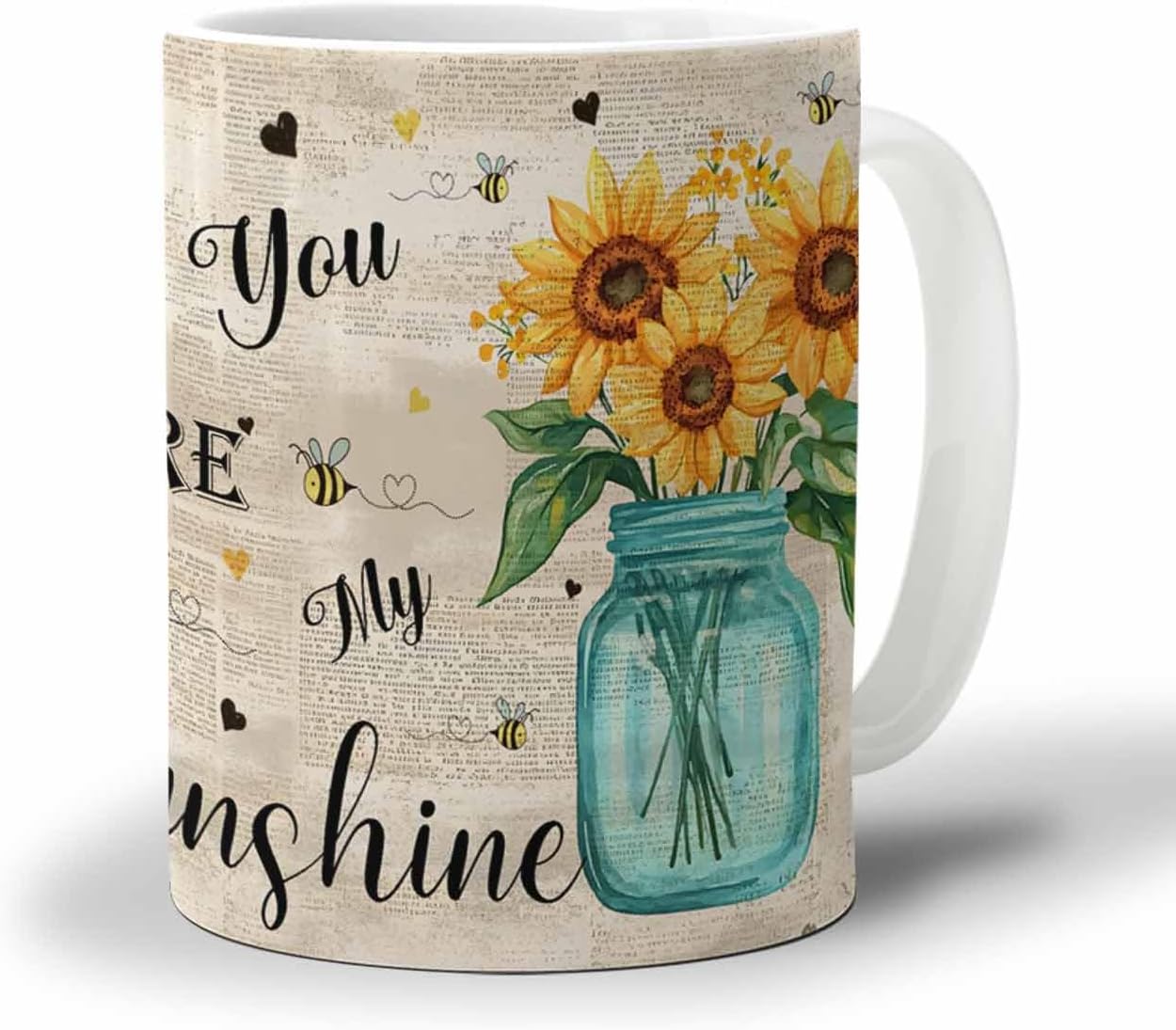 BEMIGO Ceramic Coffee Mug Farmhouse Sunflower Ceramic Mug White Cup, Vintage Flower Insulated Coffee Cup with Handle with Pattern Perfect for Tea and Hot Beverages, 12oz