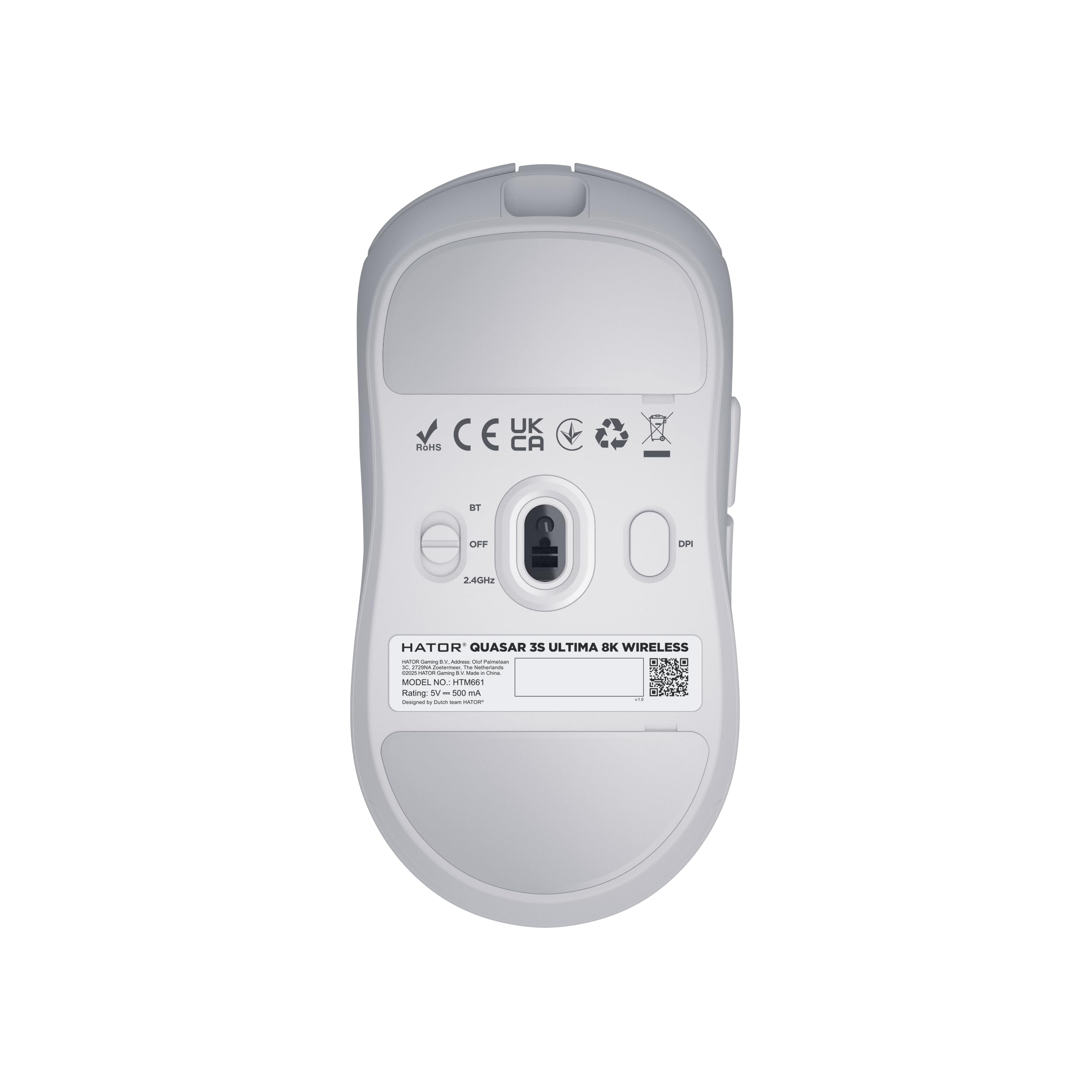 HATOR Quasar 3S Ultima 8K Wireless Ratón Gaming inalámbrico, 46g Ultraligero, PixArt PAW3950 Sensor, 30000 dpi, Optical Switches 100M, 8000Hz, 2.4GHz/Bluetooth 5.4/USB-C, PTFE Skates, PC/Mac (Blanco)